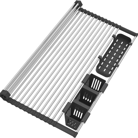 Extra Large Black Expandable Roll Up Dish Drying Rack Up to 25.1''with 2 Storage - Picture 1 of 7